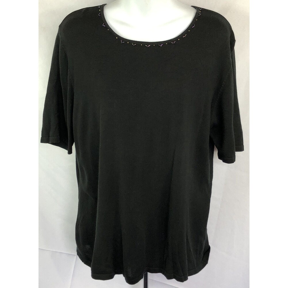 Nancy Bolen Silk Knit Top M Blk Beads Short Sleeve Whimsigoth Classic Tee Y2K
